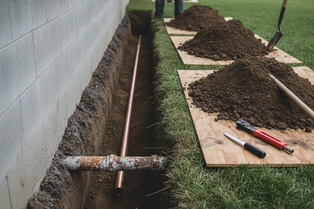 Excavated water line trench during Water Softener Installation in Alcove
